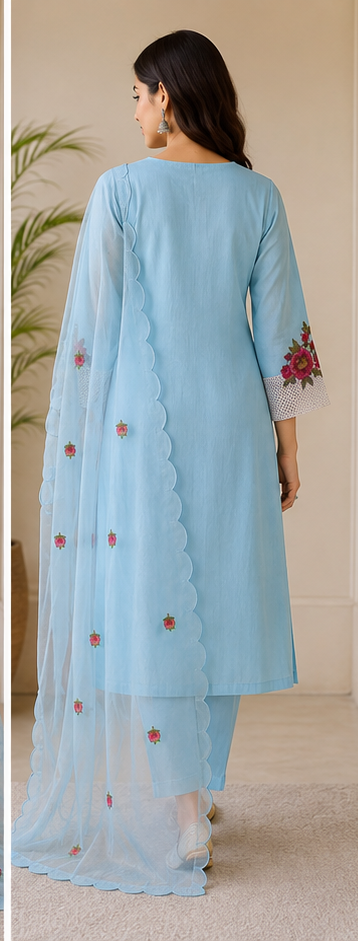 Sky Blue Mul Chanderi 3-Piece Kurti Set