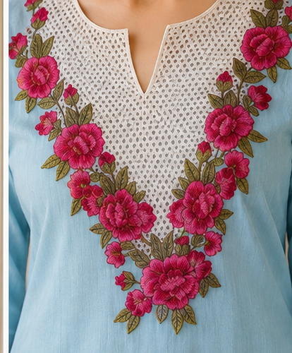 Sky Blue Mul Chanderi 3-Piece Kurti Set