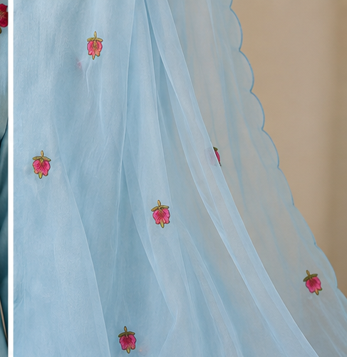 Sky Blue Mul Chanderi 3-Piece Kurti Set
