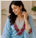 Sky Blue Mul Chanderi 3-Piece Kurti Set
