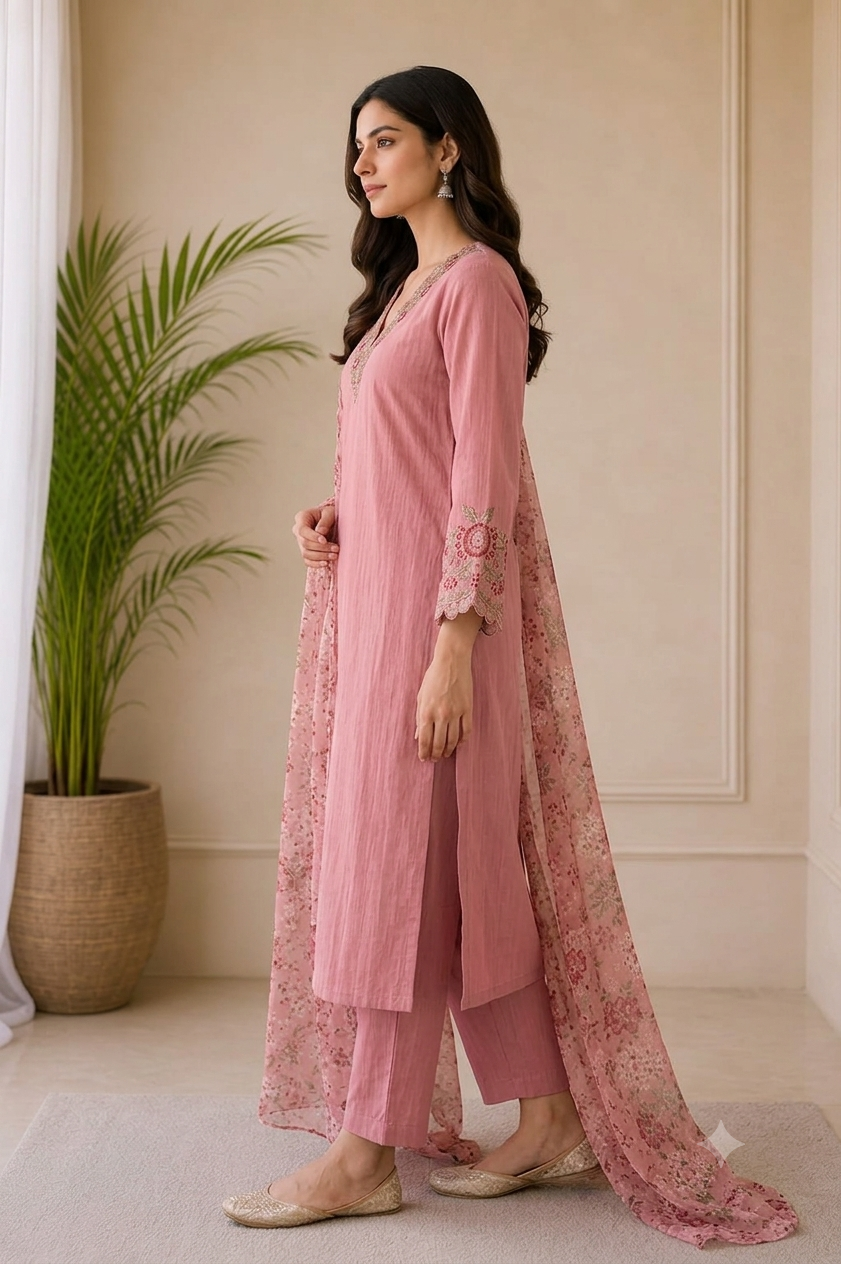Dusty Pink Mul Chanderi 3-Piece Kurti Set