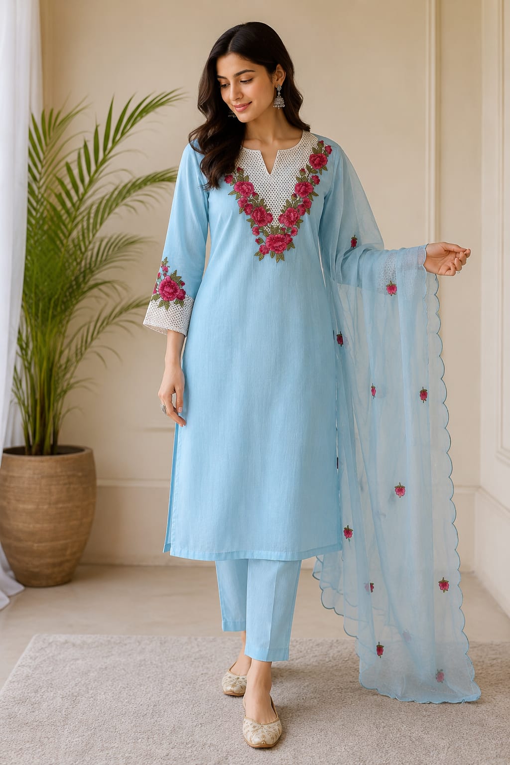 Sky Blue Mul Chanderi 3-Piece Kurti Set