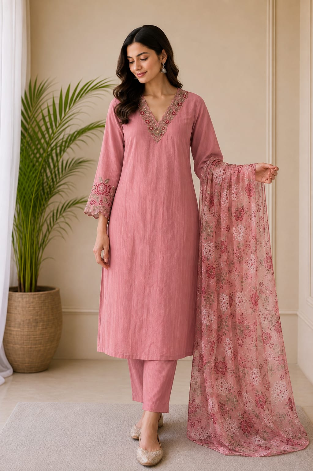 Dusty Pink Mul Chanderi 3-Piece Kurti Set